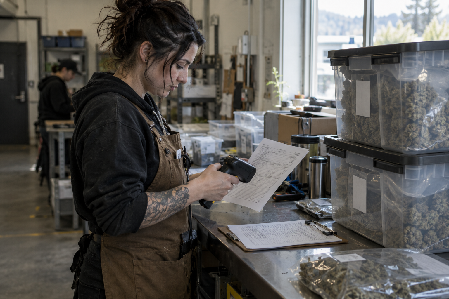 Cannabis inventory manager checking a package tag against a transfer manifest at a dispensary receiving station